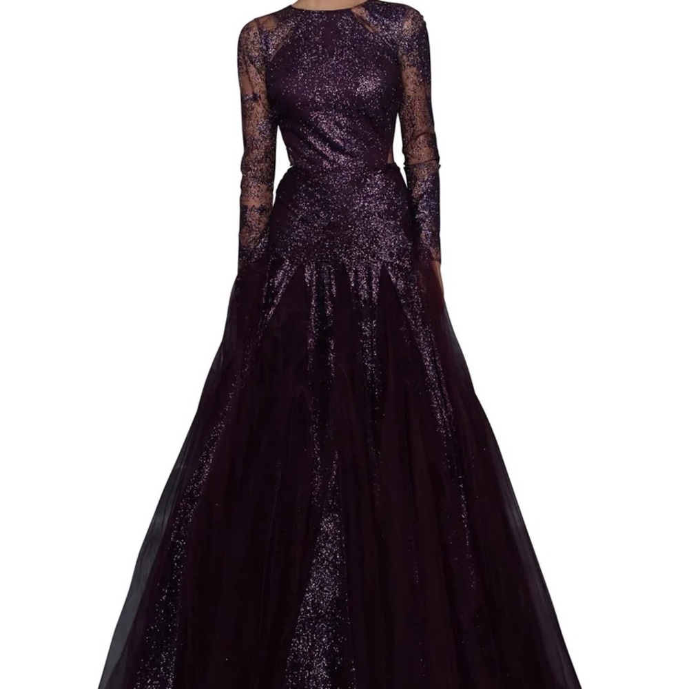 Tarik Ediz Deep Purple Long Sleeve Gown